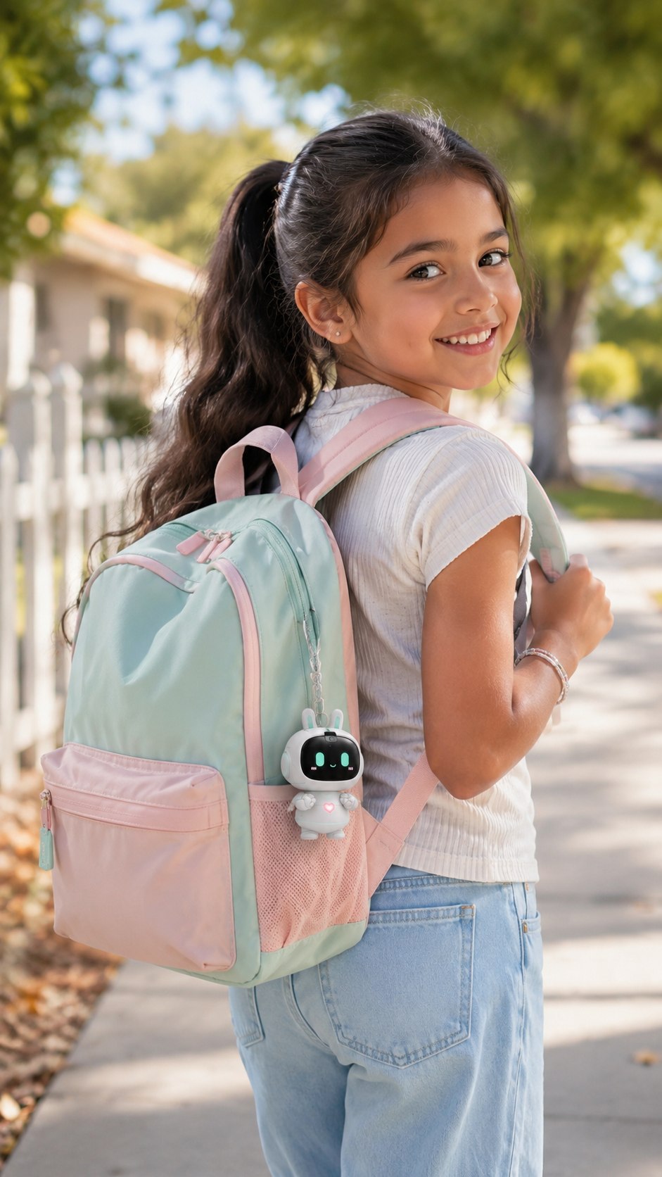Child wearing a mint backpack with MOKOZOO AI FRIEND charm