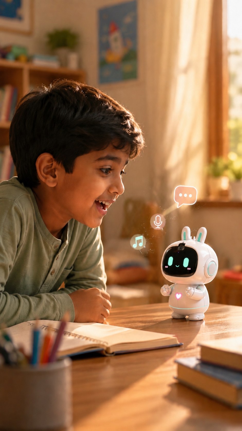 Child chatting with MOKOZOO AI FRIEND at a desk