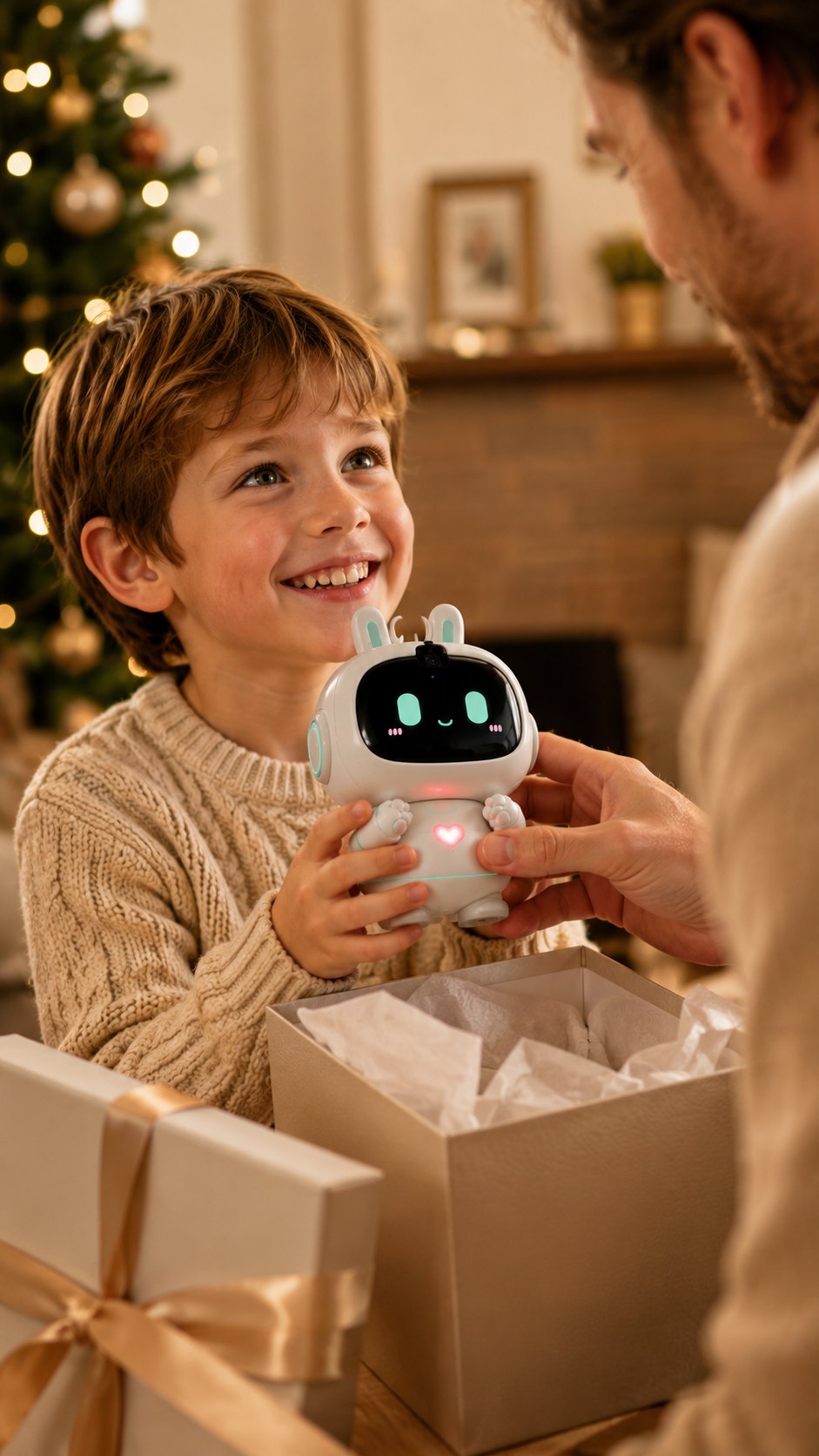 Child receiving a MOKOZOO AI FRIEND robot as a gift