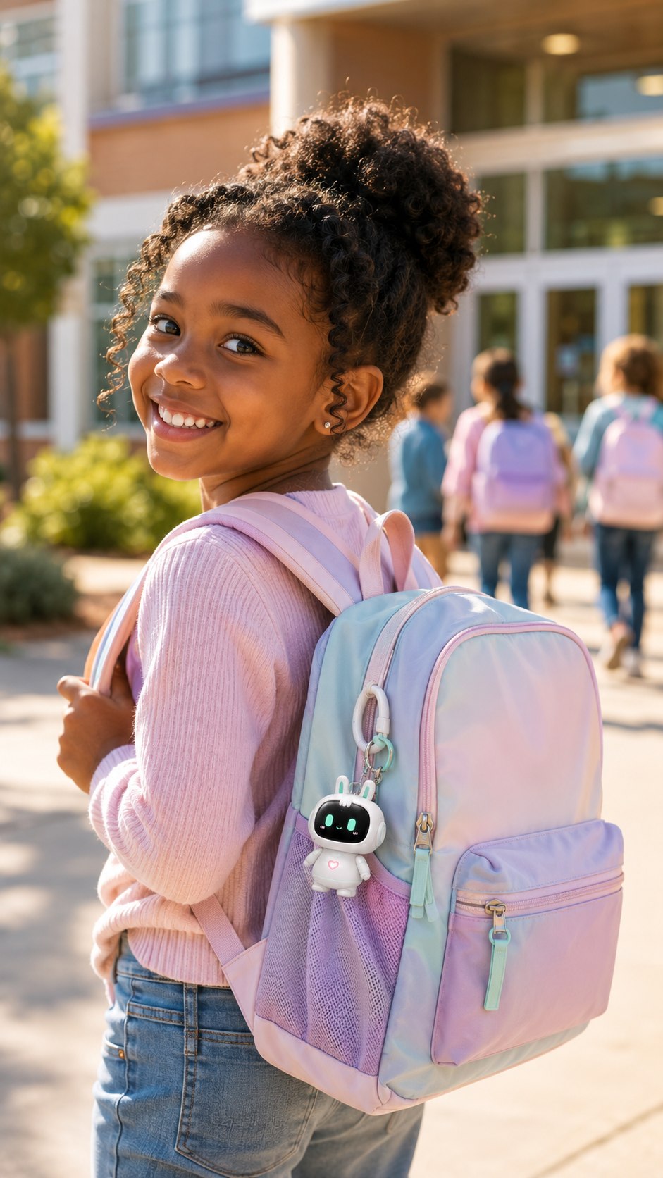 A smiling child carrying a pastel MOKOZOO AI FRIEND backpack charm at school