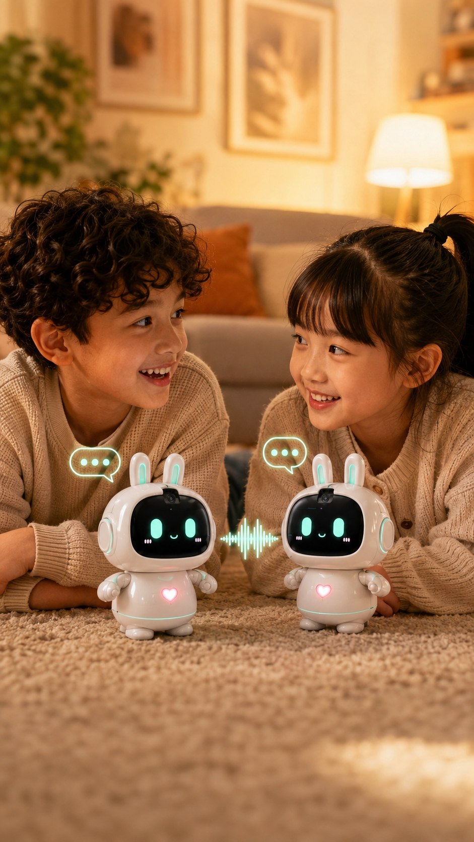 Two children playing with MOKOZOO AI FRIEND robots at home