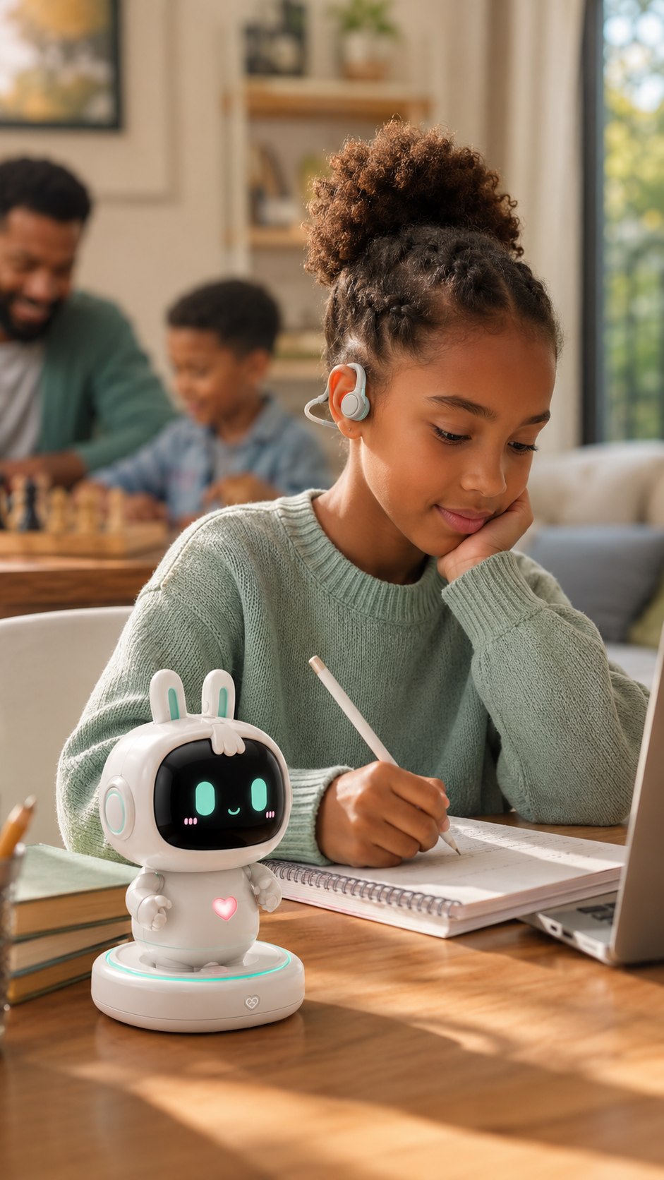 Child studying with MOKOZOO AI FRIEND and a listening device